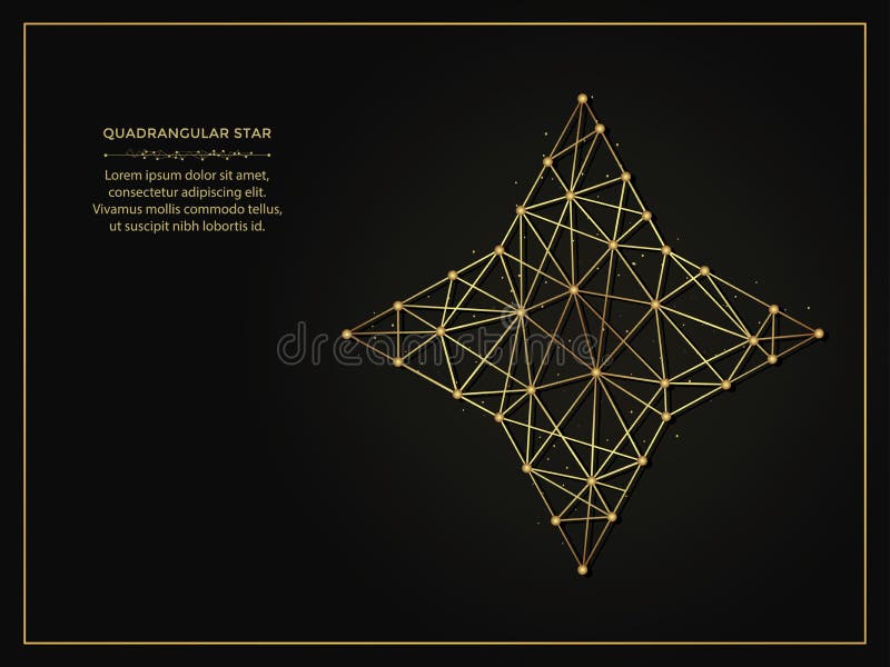 Quadrangular star golden abstract illustration on dark background. Geometric shape polygonal template made from lines and dots. Quadrangular star golden abstract illustration on dark background. Geometric shape polygonal template made from lines and dots