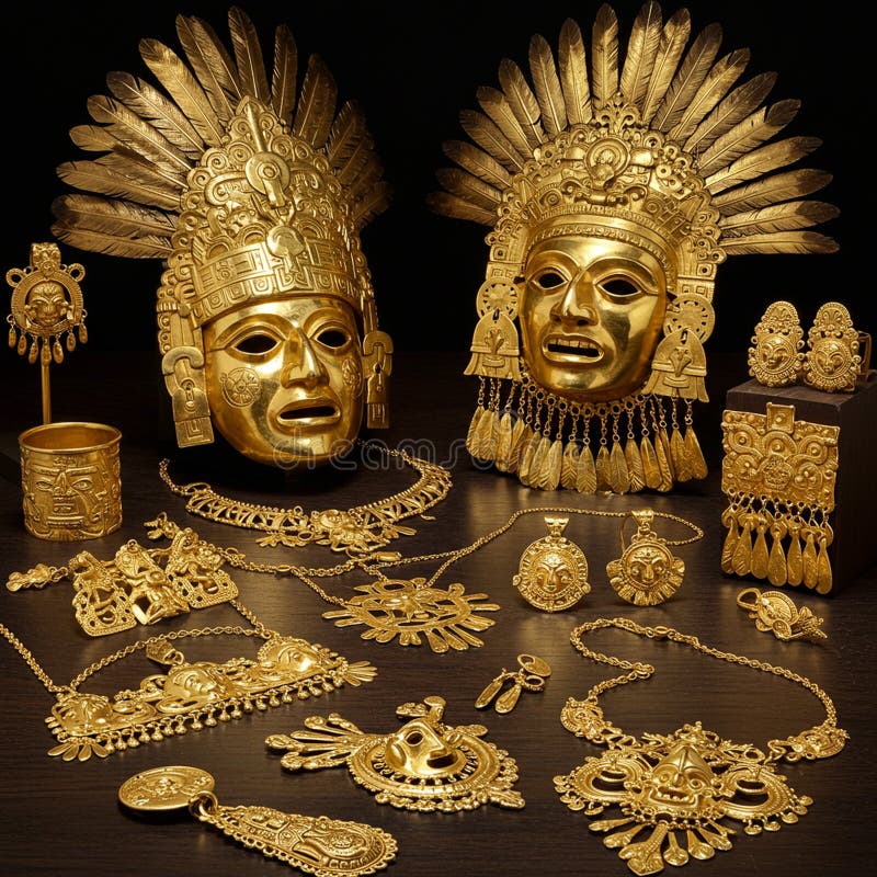 Guldartefakter med invecklade utformningar med två masker som är adorerade med luddheadresser royaltyfri illustrationer