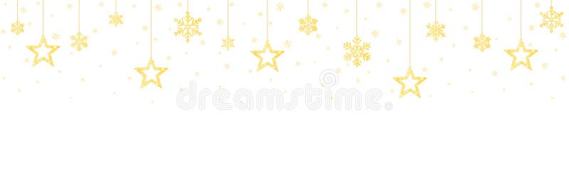 Gulddekoration i julmassa. festgräns med hängande snöflingor. ljusa vinterbildrutor med glitteffekt. gyllene stock illustrationer