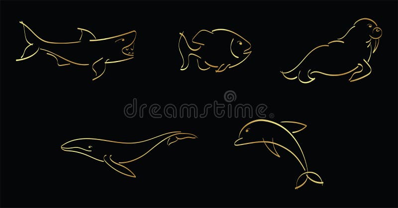 Guldkonturuppsättning av hajfisk piranha walrus whale dolphin stock illustrationer