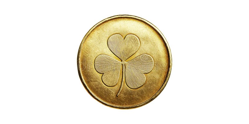 Guldmynt med Shamrock-design. Symbol för Luck och välstånd isolerad på öppen grund. AI genererad