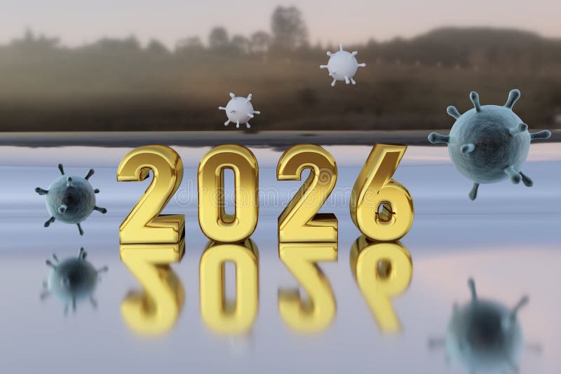 Guldtext 2026 omgiven av imaginära viruspartiklar av covid. royaltyfri illustrationer