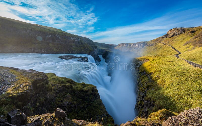 Gullfoss massive Wasserfall Top Blick Seidenwasser lizenzfreie stockfotos