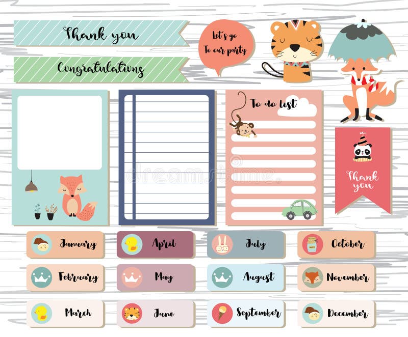 Gullig anmärkning och klistermärke med tigern, räv, bil, kanin stock illustrationer Gullig anmärkning och klistermärke med tigern, räv, bil, kanin stock illustrationer