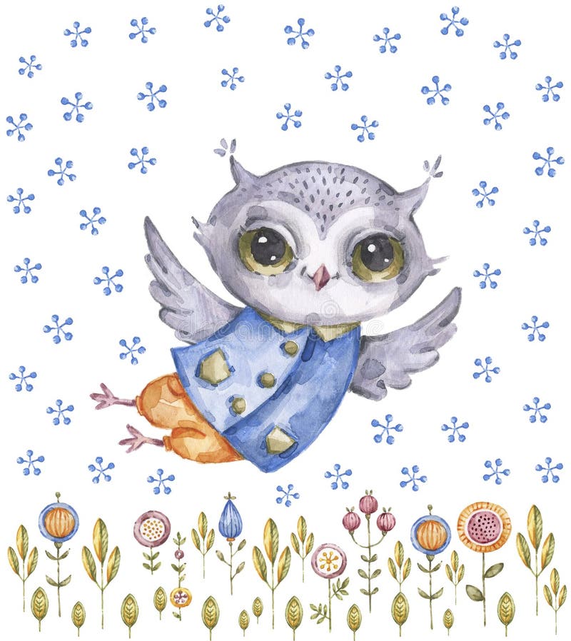 Gullig aquarelleuggla och vildblommor, barnslig stil stock illustrationer Gullig aquarelleuggla och vildblommor, barnslig stil stock illustrationer