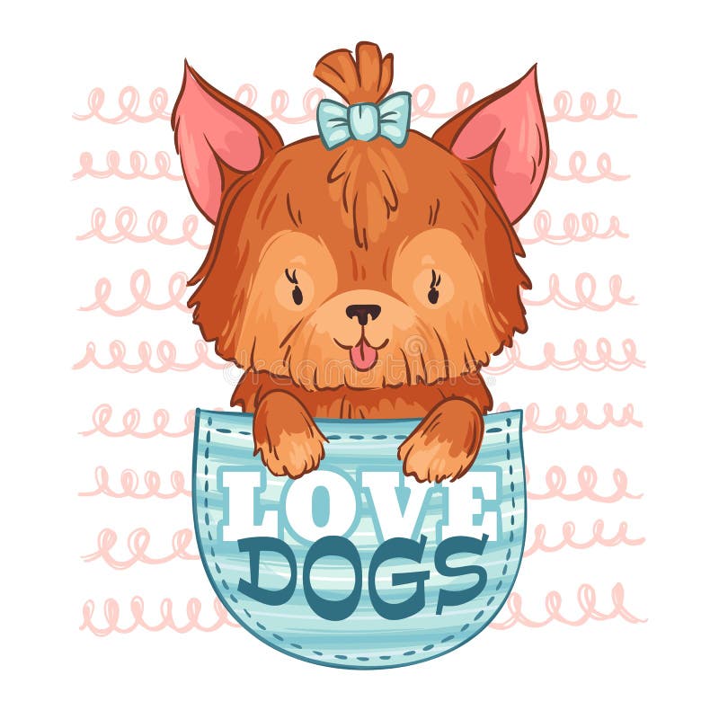 Cute pocket dog. Love dogs, little puppy and cartoon pet. Lovely pocketful doggy, domestic breed yorkshire terrier pet character in shirt pocket vector illustration. Cute pocket dog. Love dogs, little puppy and cartoon pet. Lovely pocketful doggy, domestic breed yorkshire terrier pet character in shirt pocket vector illustration