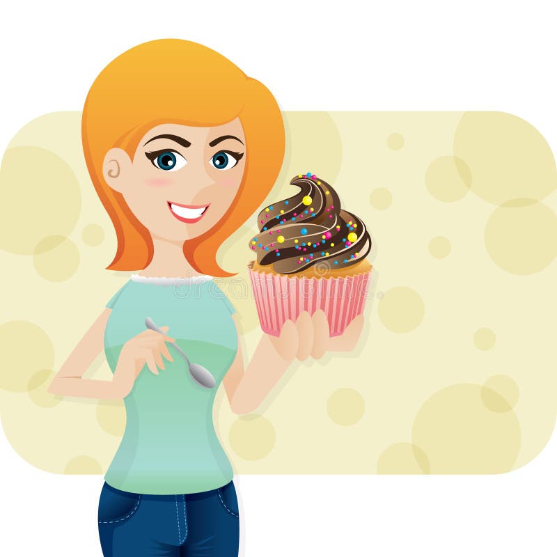 Illustration of cartoon cute girl with sweeties cupcake. Illustration of cartoon cute girl with sweeties cupcake