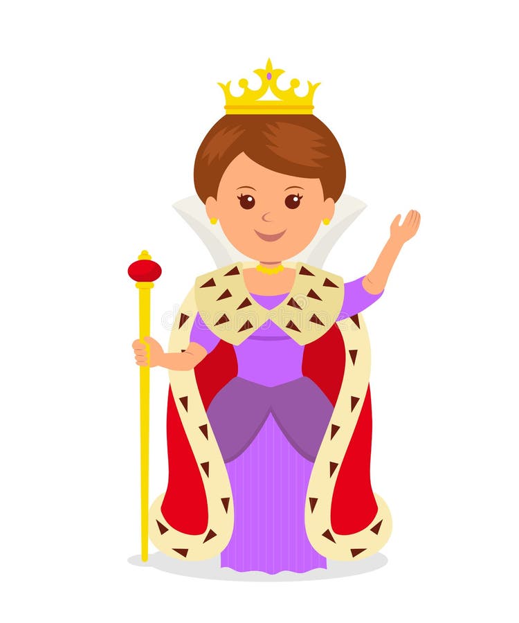 Gullig flickadrottning kvinnligt tecken i en prinsessadräkt med en krona och spira på en vit bakgrund