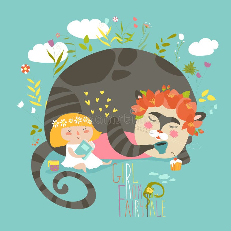 Gullig flickaläsebok för magisk katt royaltyfri illustrationer Gullig flickaläsebok för magisk katt royaltyfri illustrationer