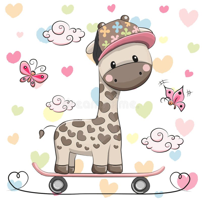 Gullig giraff med skateboarden stock illustrationer