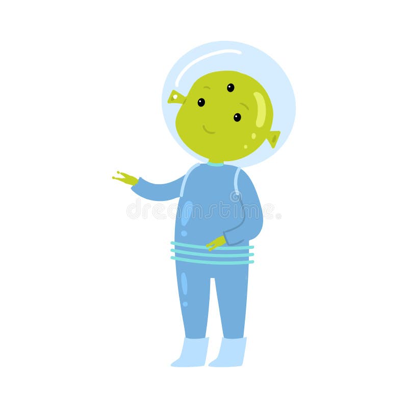 Gullig grön främling i blå spacesuitshow till hans hem- planet stock illustrationer Gullig grön främling i blå spacesuitshow till hans hem- planet stock illustrationer