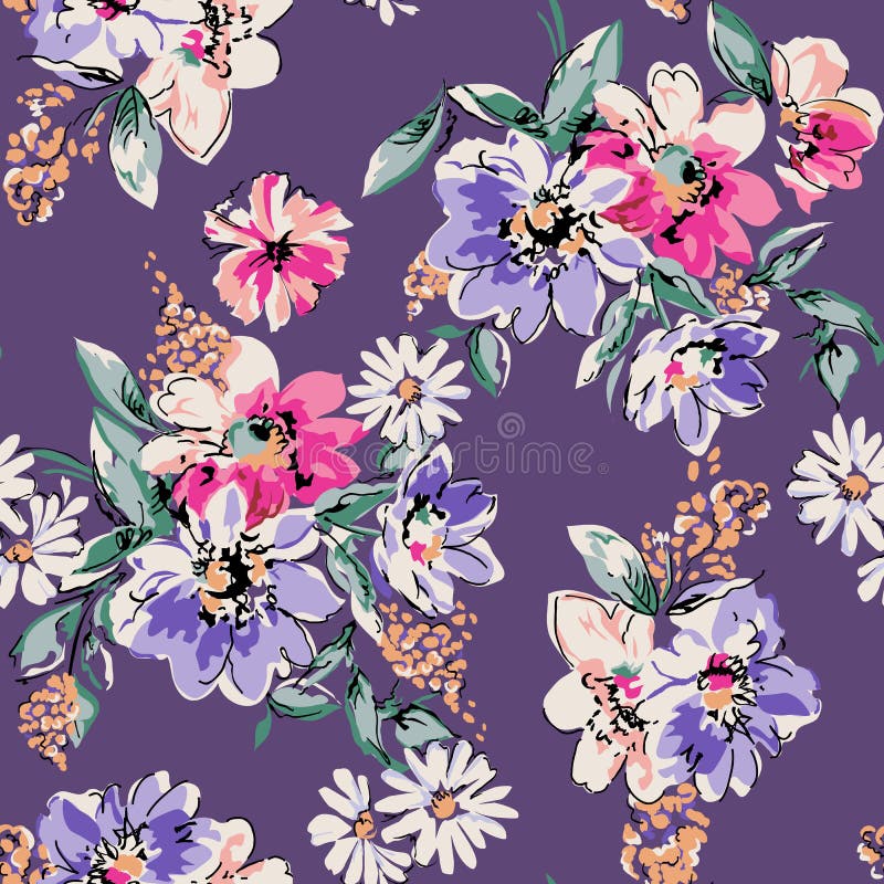 Mix of flowers on purple background - seamless fashion print. Mix of flowers on purple background - seamless fashion print