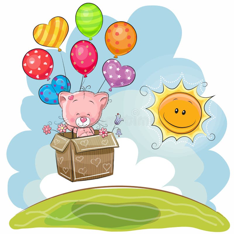 Gullig katt med ballonger stock illustrationer Gullig katt med ballonger stock illustrationer