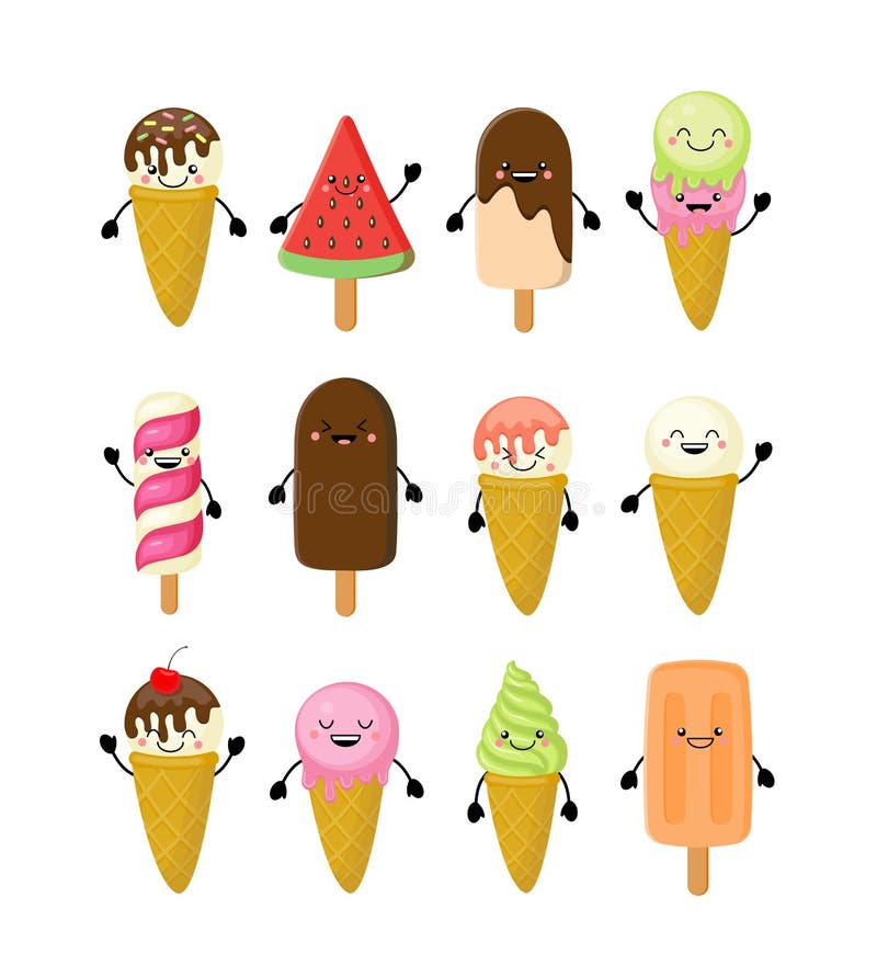 Gullig kawaiitecknad filmuppsättning av olik glassvektorillustrati stock illustrationer Gullig kawaiitecknad filmuppsättning av olik glassvektorillustrati stock illustrationer