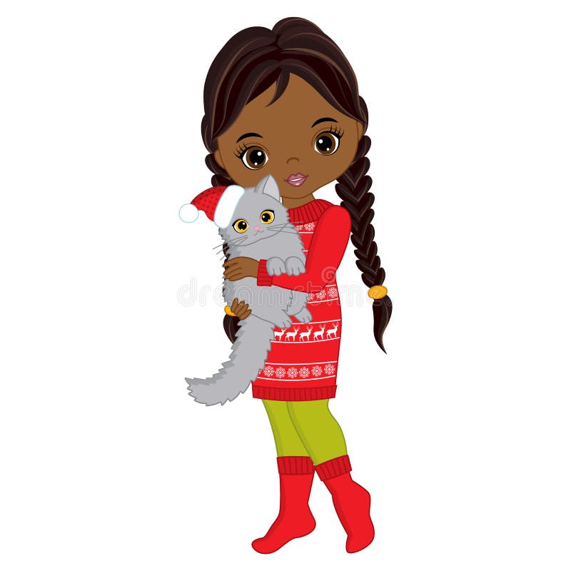 Gullig liten afrikansk amerikanflicka för vektor med katten royaltyfri illustrationer Gullig liten afrikansk amerikanflicka för vektor med katten royaltyfri illustrationer