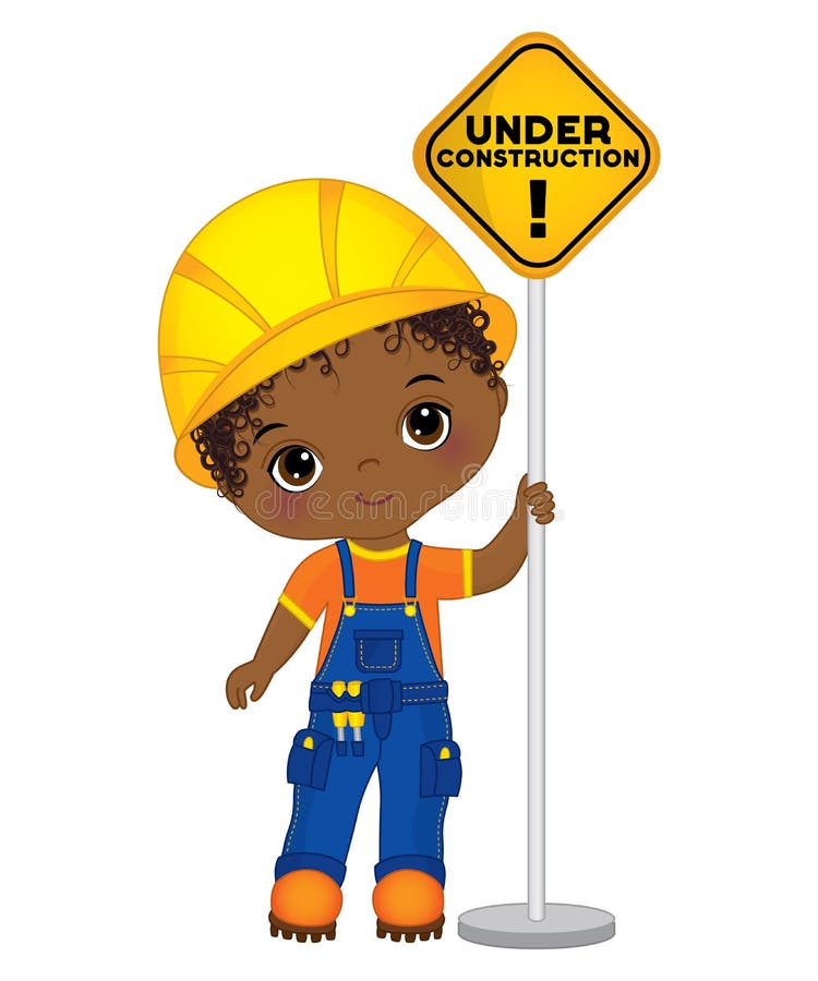 Gullig liten afrikansk amerikanpojke för vektor som rymmer tecknet - under konstruktion stock illustrationer Gullig liten afrikansk amerikanpojke för vektor som rymmer tecknet - under konstruktion stock illustrationer