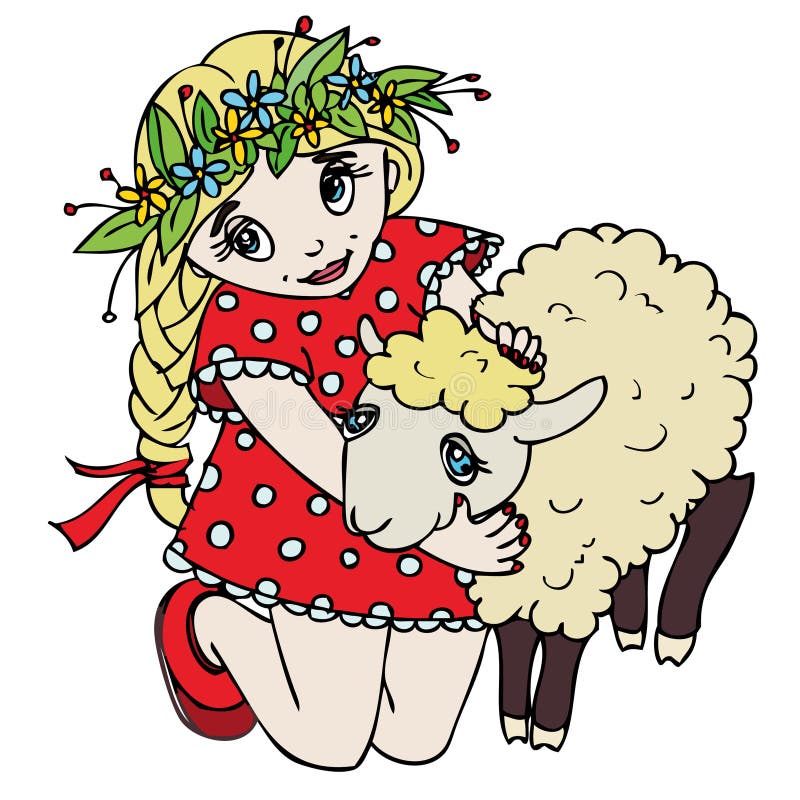 Gullig liten flicka som kramar ett lamm stock illustrationer Gullig liten flicka som kramar ett lamm stock illustrationer