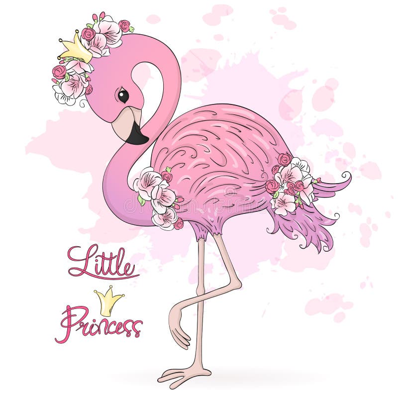 Gullig liten prinsessa Flamingo med blommor Vektorillustration EPS10 royaltyfri illustrationer