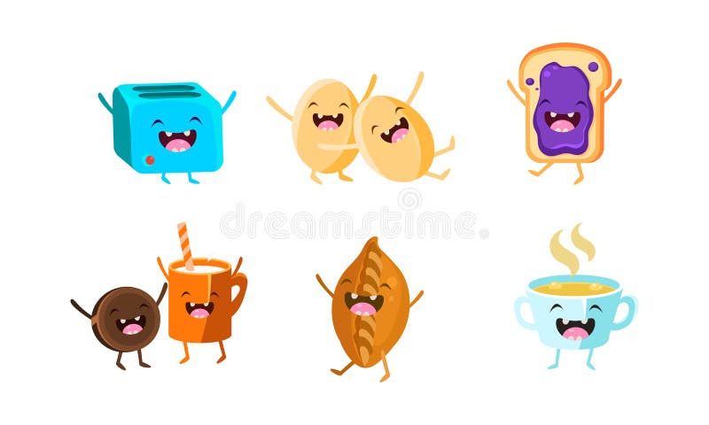Gullig mat och drinkteckenuppsättning, rolig sund frukost, ägg, brödrost, kex och yoghurt, paj, smörgås med driftstopp vektor illustrationer Gullig mat och drinkteckenuppsättning, rolig sund frukost, ägg, brödrost, kex och yoghurt, paj, smörgås med driftstopp vektor illustrationer