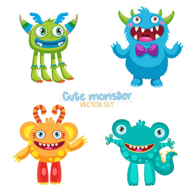 Gullig monstervektoruppsättning Lucky Cartoon Mascot Illustration royaltyfri illustrationer