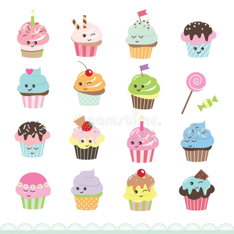 Cartoon cupcake icons set. Cute birthday stickers. Cartoon cupcake icons set. Cute birthday stickers.