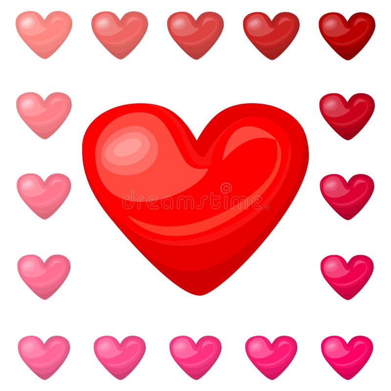 Gullig skinande röd rosa hjärtasymbolsuppsättning som isoleras på vit bakgrund