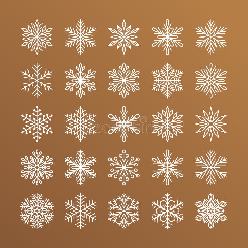 Gullig snöflingasamling som isoleras på guld- bakgrund Den plana linjen snösymboler, snö flagar konturn Trevlig beståndsdel för vektor illustrationer