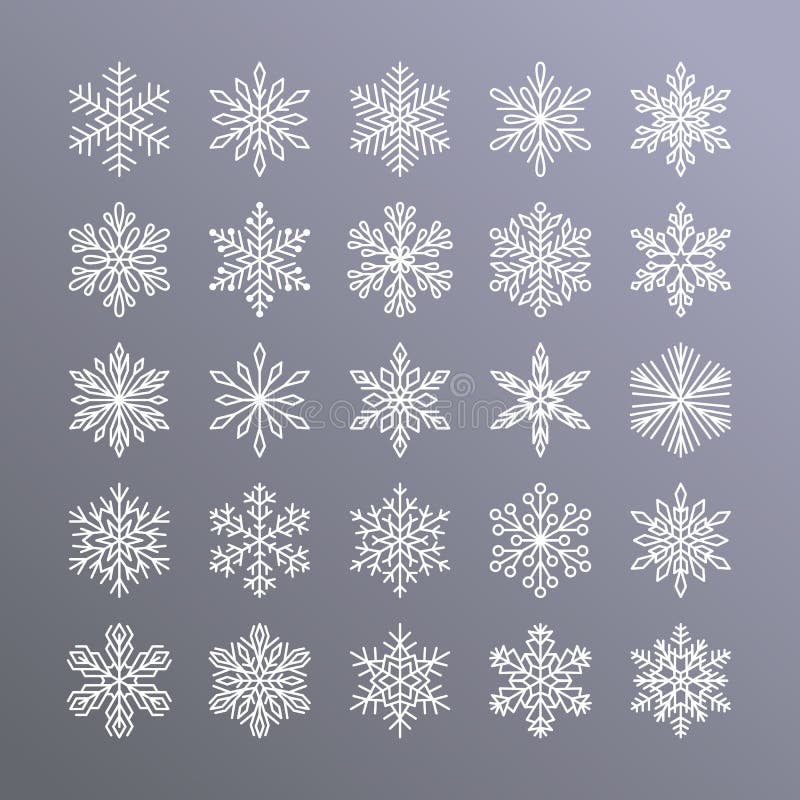 Gullig snöflingasamling som isoleras på lutningbakgrund Den plana linjen snösymboler, snö flagar konturn Trevlig beståndsdel royaltyfri illustrationer