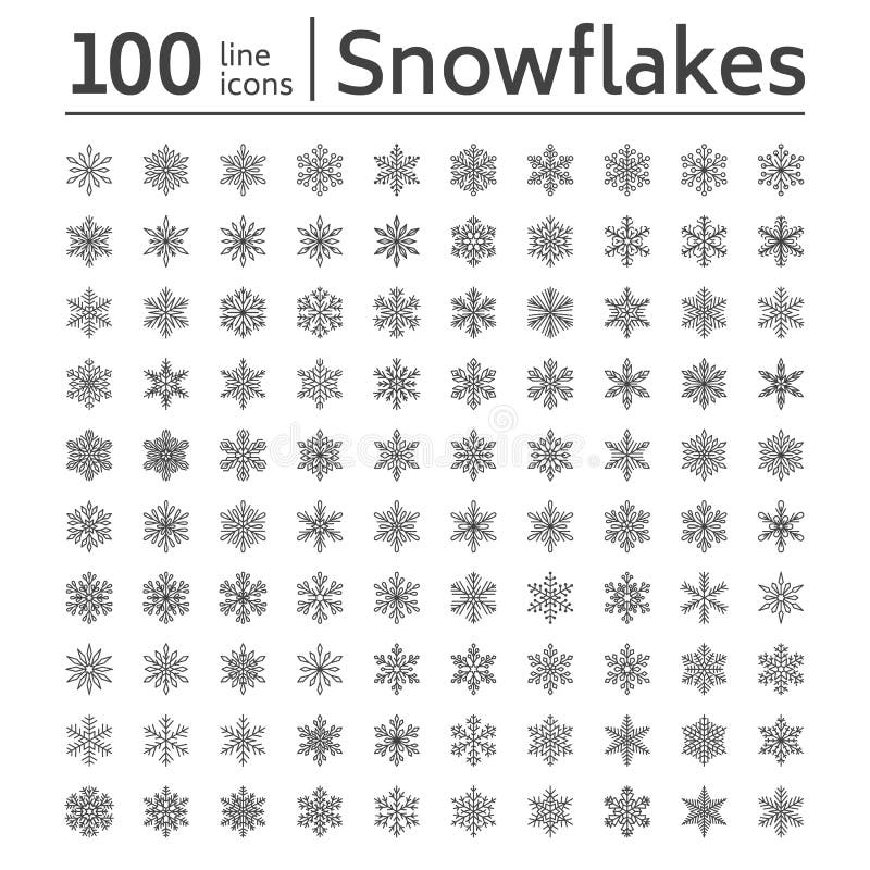 Gullig snöflingasamling som isoleras på vit bakgrund Den plana linjen snösymboler buntar, snöar flingakonturn trevligt vektor illustrationer