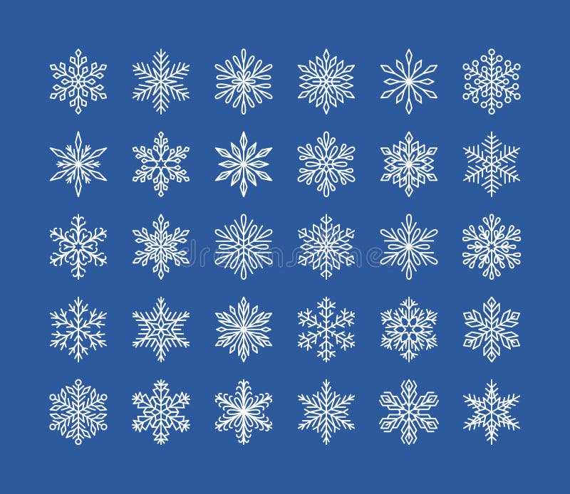 Gullig snöflingasamling som isoleras på vit bakgrund Den plana linjen snösymboler, snö flagar konturn Trevlig beståndsdel för royaltyfri illustrationer