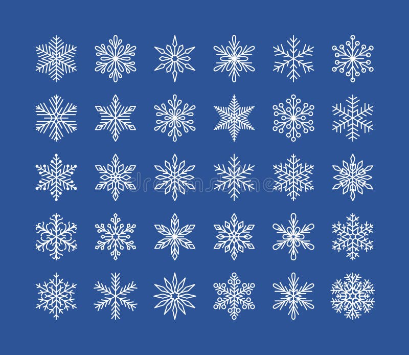 Gullig snöflingasamling som isoleras på vit bakgrund Den plana linjen snösymboler, snö flagar konturn Trevlig beståndsdel för royaltyfri illustrationer