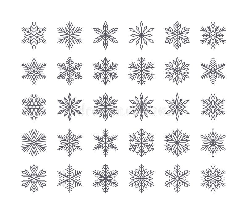 Gullig snöflingasamling som isoleras på vit bakgrund Den plana linjen snösymboler, snö flagar konturn Trevlig beståndsdel för vektor illustrationer