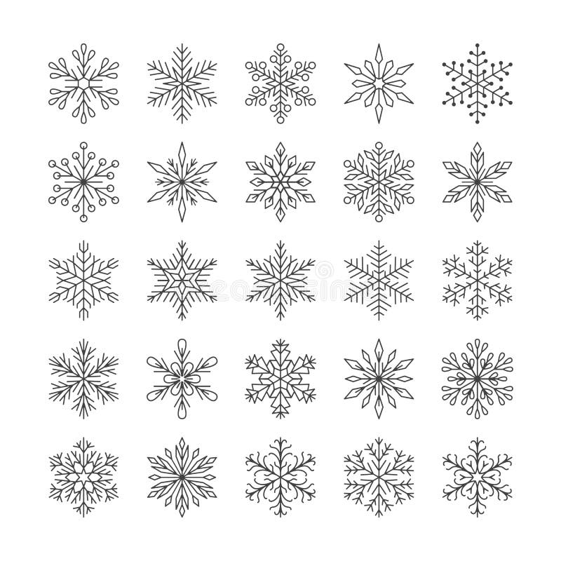 Gullig snöflingasamling som isoleras på vit bakgrund Den plana linjen snösymboler, snö flagar konturn Trevlig beståndsdel för vektor illustrationer