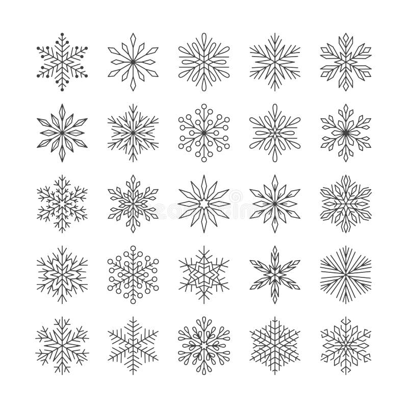 Gullig snöflingasamling som isoleras på vit bakgrund Den plana linjen snösymboler, snö flagar konturn Trevlig beståndsdel för royaltyfri illustrationer