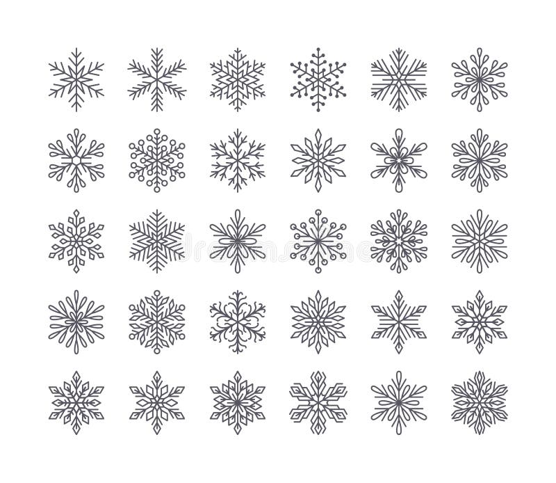 Gullig snöflingasamling som isoleras på vit bakgrund Den plana linjen snösymboler, snö flagar konturn Trevlig beståndsdel för royaltyfri illustrationer