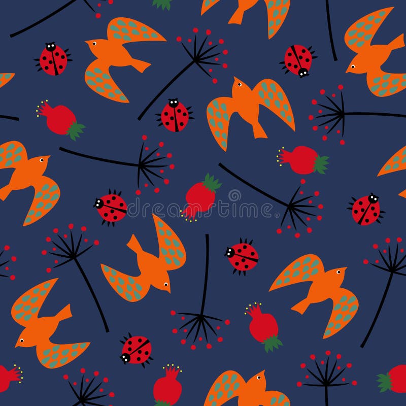 Gullig sömlös naturmodell med pippin, nyckelpiga, rosa höft, maskros Botanisk illustration för sommar Naturlig dekorativ backgrou stock illustrationer Gullig sömlös naturmodell med pippin, nyckelpiga, rosa höft, maskros Botanisk illustration för sommar Naturlig dekorativ backgrou stock illustrationer
