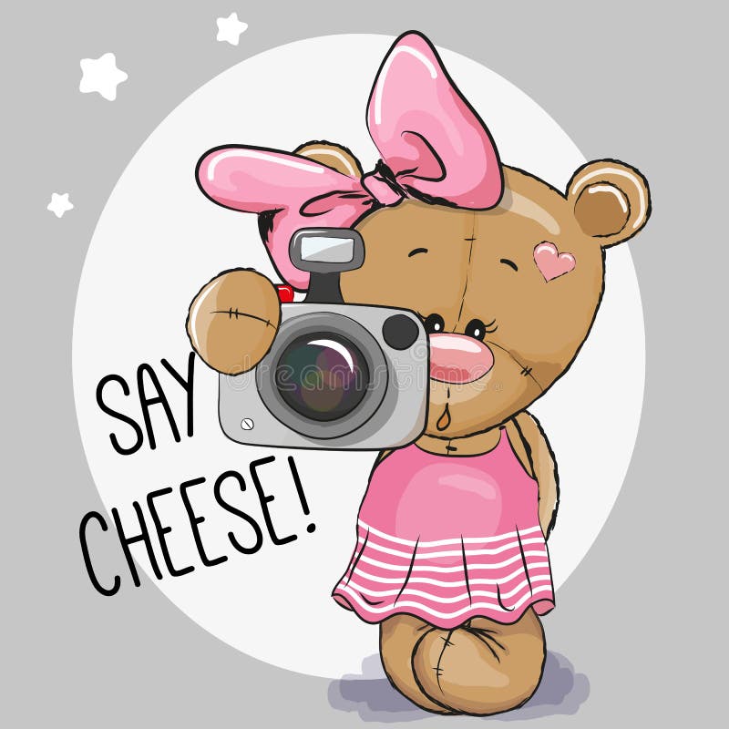 Gullig tecknad film Teddy Bear Girl med en kamera vektor illustrationer
