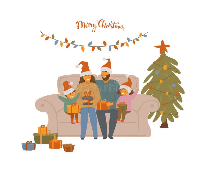 Gullig tecknad filmfamilj, föräldrar och barn som firar jul som sitter på soffan som utbyter xmas-gåvor stock illustrationer Gullig tecknad filmfamilj, föräldrar och barn som firar jul som sitter på soffan som utbyter xmas-gåvor stock illustrationer