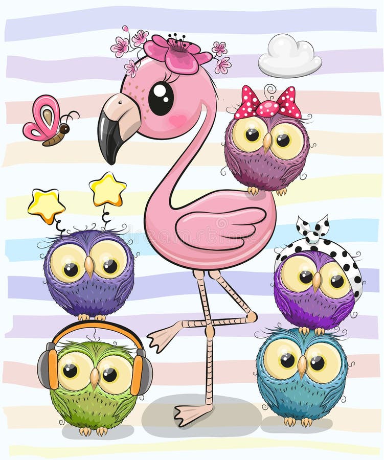 Gullig tecknad filmflamingo och fem ugglor vektor illustrationer Gullig tecknad filmflamingo och fem ugglor vektor illustrationer