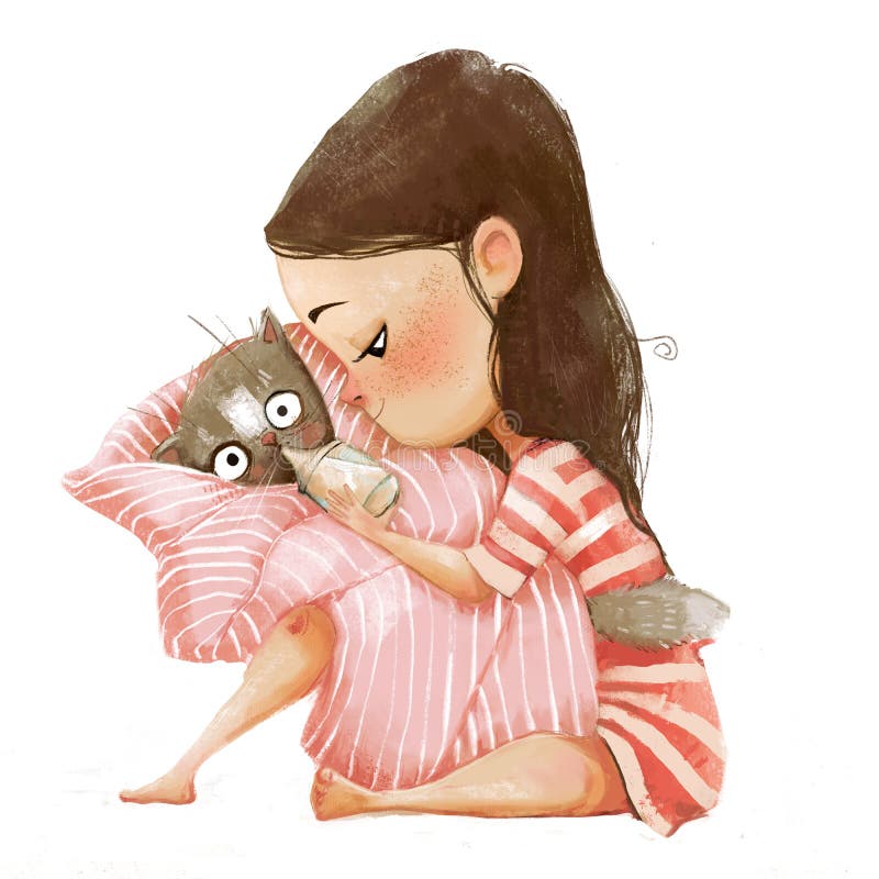 Gullig tecknad filmflicka med katten vektor illustrationer