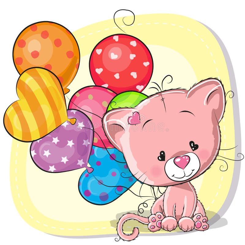 Gullig tecknad filmkattunge med ballonger stock illustrationer Gullig tecknad filmkattunge med ballonger stock illustrationer