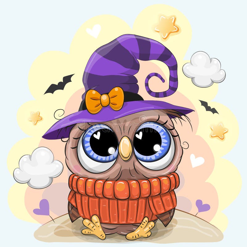 Gullig uggla i en halloween hatt royaltyfri illustrationer