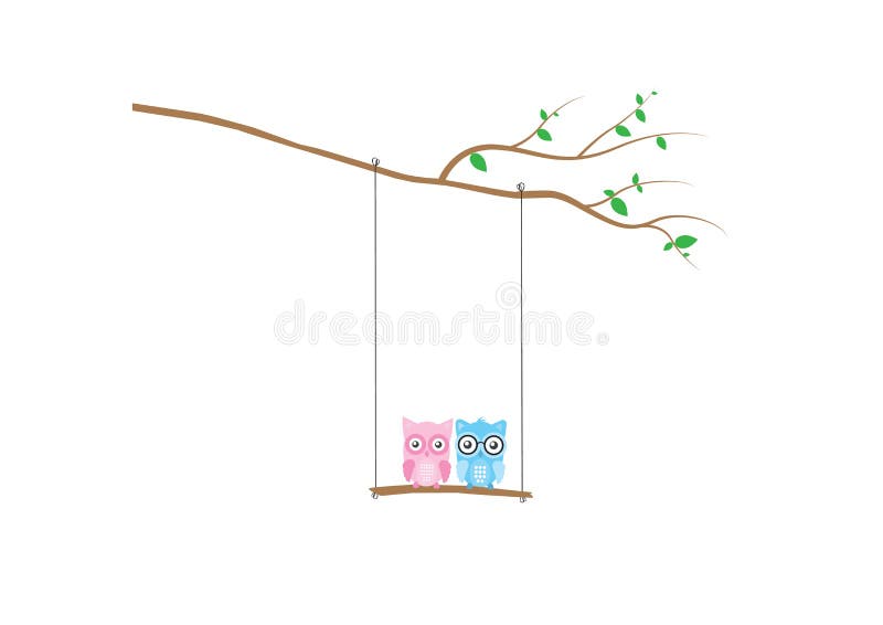 Gullig ugglakontur på gunga på filialvektorn, ugglor på gunga på tre, färgrika väggdekaler, barnväggkonst, ungar Art Decor stock illustrationer Gullig ugglakontur på gunga på filialvektorn, ugglor på gunga på tre, färgrika väggdekaler, barnväggkonst, ungar Art Decor stock illustrationer