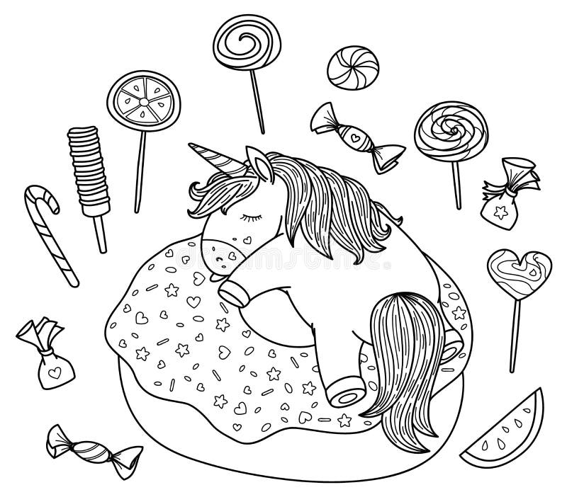 Gullig vektor och att sova enhörningen på munk- och sötsakbeståndsdelar stock illustrationer Gullig vektor och att sova enhörningen på munk- och sötsakbeståndsdelar stock illustrationer