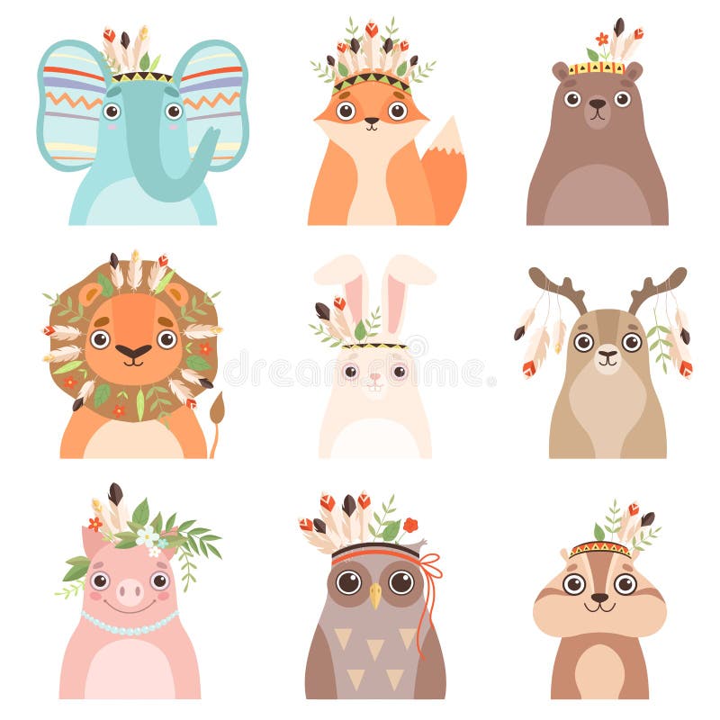 Gulliga djur som bär huvudbonaden med fjädrar, sidor och blommor uppsättning, elefant, räv, björn, lejon, hare, hjort, svin, royaltyfri illustrationer Gulliga djur som bär huvudbonaden med fjädrar, sidor och blommor uppsättning, elefant, räv, björn, lejon, hare, hjort, svin, royaltyfri illustrationer