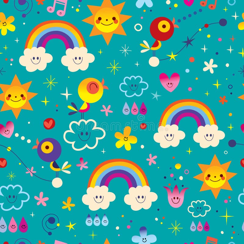 Gulliga fåglar, blommor, sol, regnbåge, moln, himmelregndroppar extremt mäktig sömlös modell stock illustrationer