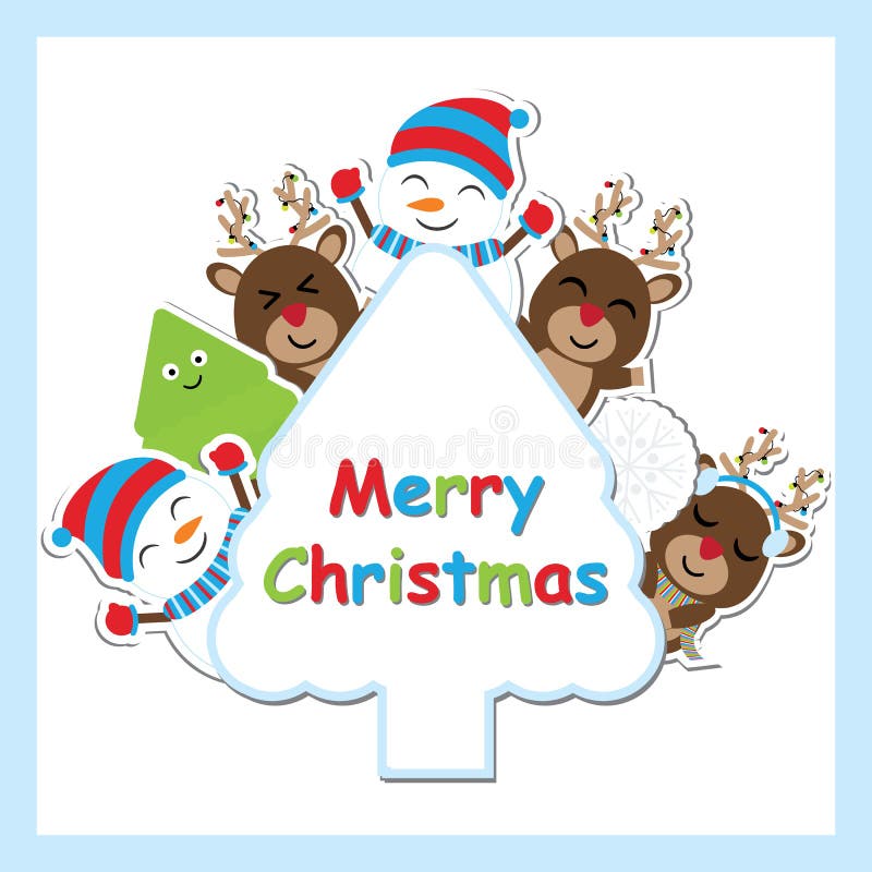 Cute deer, snowman and Xmas tree vector cartoon on tree frame for Xmas postcard, wallpaper, and greeting card, vector illustration. Cute deer, snowman and Xmas tree vector cartoon on tree frame for Xmas postcard, wallpaper, and greeting card, vector illustration