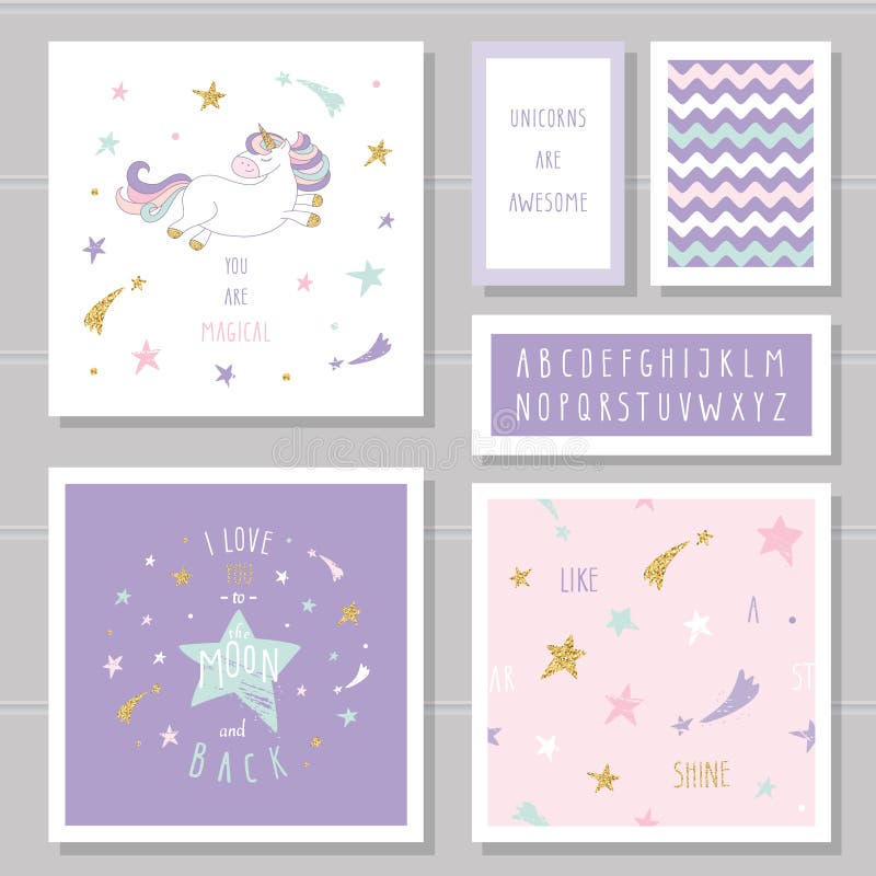Gulliga kort med enhörningen och guld blänker stjärnor För födelsedaginbjudan baby shower, dag för valentin` s royaltyfri illustrationer Gulliga kort med enhörningen och guld blänker stjärnor För födelsedaginbjudan baby shower, dag för valentin` s royaltyfri illustrationer