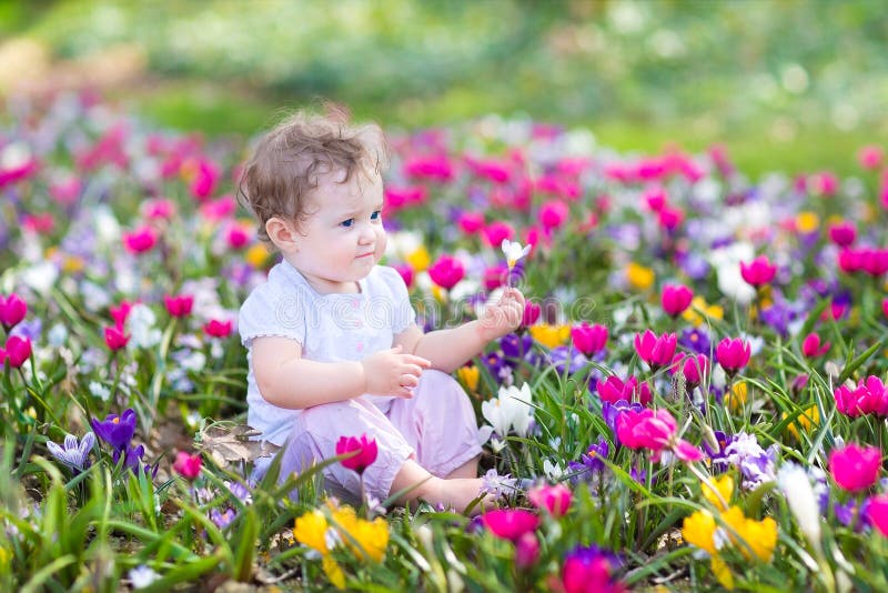 Gulliga lockiga små behandla som ett barn sammanträde mellan vårblommor fotografering för bildbyråer Gulliga lockiga små behandla som ett barn sammanträde mellan vårblommor fotografering för bildbyråer