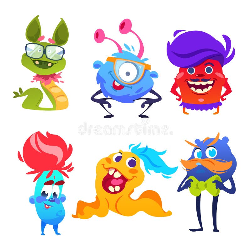 gulliga monster Lyckliga tecknad filmmutant- och elakt trollleksaker Uppsättning för monster för allhelgonaaftonfrämlingvektor stock illustrationer gulliga monster Lyckliga tecknad filmmutant- och elakt trollleksaker Uppsättning för monster för allhelgonaaftonfrämlingvektor stock illustrationer